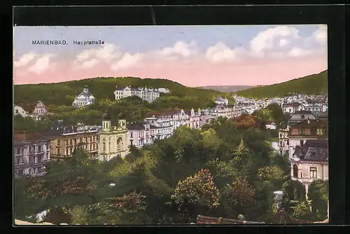 AK Marienbad, Ortspartie aus der Vogelschau, Synagoge in der Hauptstrasse