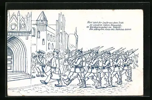 Künstler-AK Berlin-Köpenick, 12. Gardegrenardier und Haupmann von Köpenick vor dem Rathaus