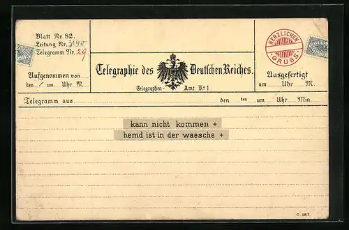 AK Telegraphie des Deutschen Reiches, Kann nicht kommen..., Postgeschichte