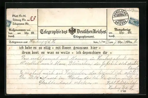 AK Telegraphie des Deutschen Reiches, Ich habe es so eilig..., Postgeschichte