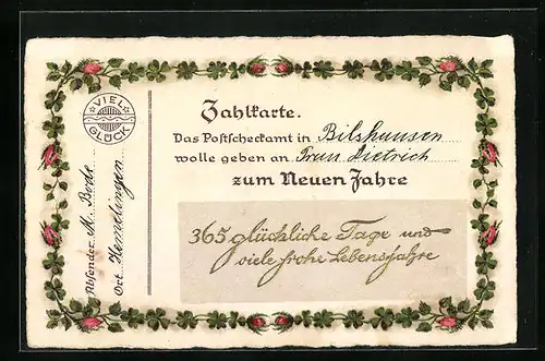 AK Zahlkarte, Das Postcheckamt in Bilshausen..., Neujahrsgruss, Postgeschichte