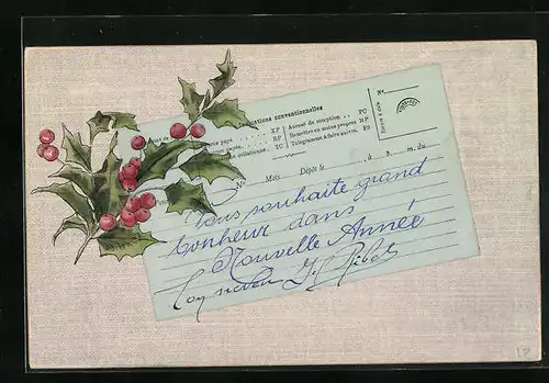 Präge-AK Mitteilung, Mistelzweig, Neujahrsgruss, Postgeschichte