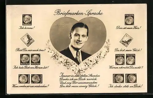 AK Briefmarkensprache, Ich komme!, Dein ist mein Herz!, Du bist mein Glück, Herr im Herz