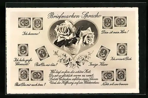 AK Briefmarkensprache, Ich komme!, Bist Du mir böse?, Innige Küsse, Zwei Rosen im Herz