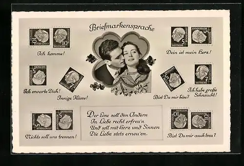 AK Briefmarkensprache, Ich komme!, Innige Küsse!, Liebespaar im Kleeblatt
