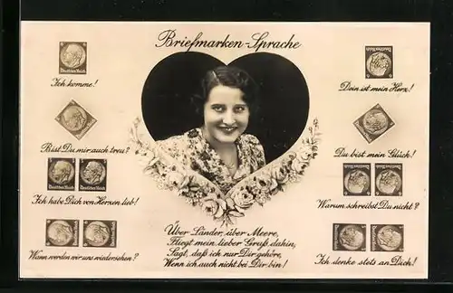 AK Briefmarkensprache, Ich komme!, Dein ist mein Herz!, Du bist mein Glück, Frau im Herz