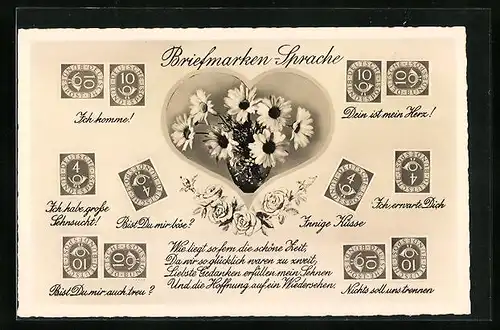 AK Briefmarkensprache, Bist Du mir Böse?, Ich erwarte Dich, Innige Küsse, Blumen im Herz