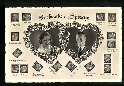 AK Briefmarkensprache, Ganz Dein!, Ich bin verliebt, Ich warte auf Dich, Herr und Dame in Herzen