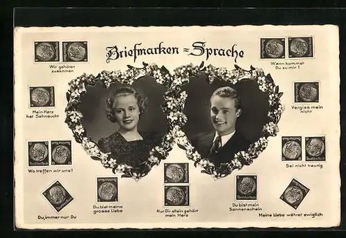 AK Briefmarkensprache, Wo treffen wir uns?, Sei nicht traurig, Vergiss mein nicht, Herr und Dame in Herzen