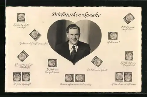 AK Briefmarkensprache, Ich komme!, Du bist emin Glück, Ich habe von dir geträumt, Mann im Herz