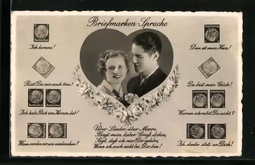 AK Briefmarkensprache, Ich komme!, Bist Du mir auch treu?, Du bist mein Glück!, Liebsepaar im Herz