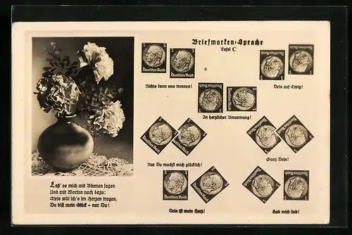 AK Briefmarkensprache, Dein auf Ewig!, Ganz Dein!, Dein ist mein Herz!, Blumen in einer Vase