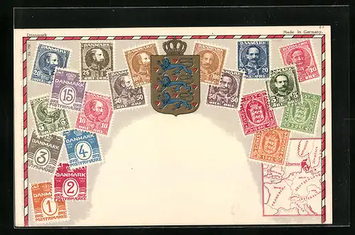 AK Sammlung dänischer Briefmarken mit Staatswappen