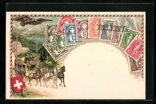 AK Sammlung von Schweizer Briefmarken mit Postkutsche