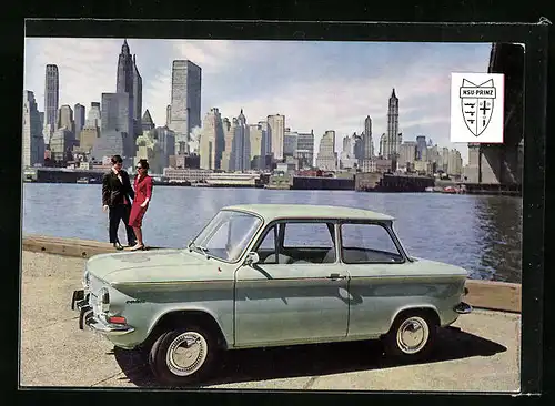 AK NSU-Prinz vor der Skyline von Manhattan, Auto-Reklame