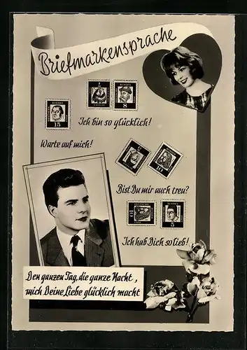 AK Erklärung der Briefmarkensprache, verliebtes Paar