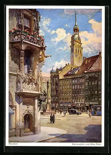 Künstler-AK Richard Wagner: München, Marienplatz und Alter Peter