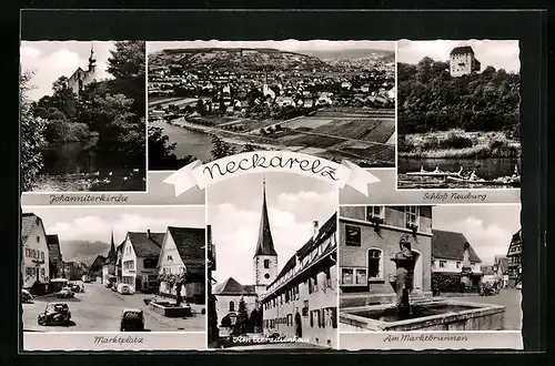 AK Neckarelz, Johanniterkirche, Schloss Neuburg, Marktplatz, Am Marktbrunnen