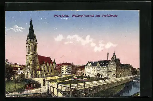 AK Pforzheim, Melanchtonplatz mit Stadtkirche
