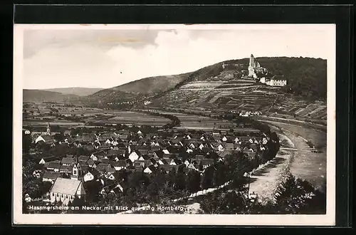 AK Hassmersheim /Neckar, Ortsansicht mit Burg Hornberg aus der Vogelschau