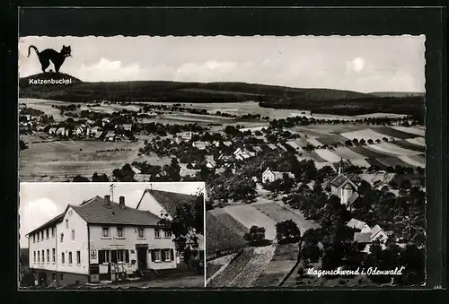 AK Wagenschwend i. Odenwald, Gasthaus zur Linde, Ortsansicht mit dem Katzenbuckel aus der Vogelschau