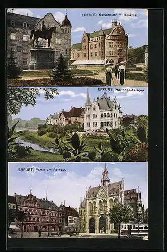 AK Erfurt, Kaiserplatz mit Denkmal, Partie am Rathaus