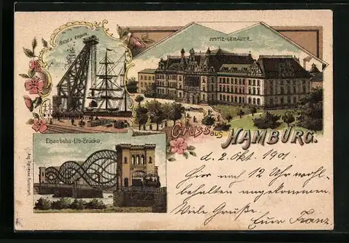Lithographie Hamburg, Eisenbahn-Elb-Brücke, Riesen-Krahn, Justiz-Gebäude