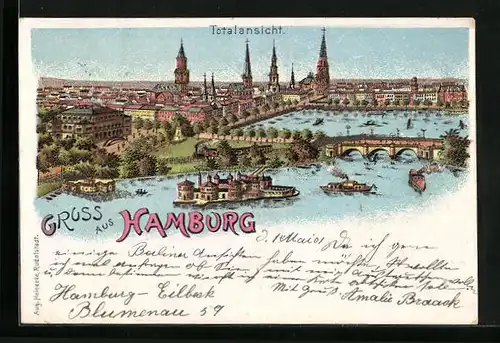 Lithographie Hamburg, Totalansicht mit Kirchen