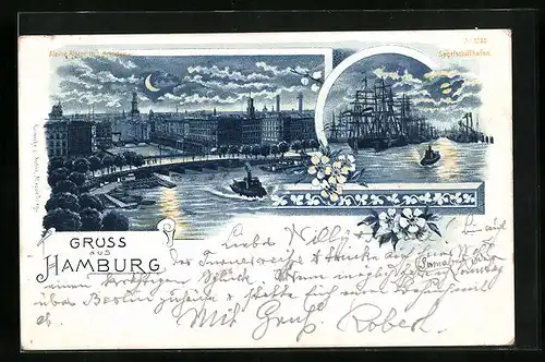 Mondschein-Lithographie Hamburg, Kleine Alster mit Arkaden, Segelschiffhafen