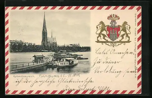 Passepartout-Lithographie Hamburg-Uhlenhorst, Kuhmühlenteich mit Kirche