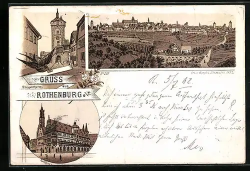 Vorläufer-Lithographie Rothenburg o. T., 1892, Klingenthurm, Rathaus, Ortsansicht