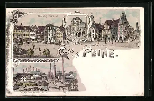 Lithographie Peine, Marktplatz mit Breitestrasse, Walzwerk