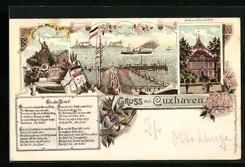 Lithographie Cuxhaven, Kriegerdenkmal, Alte Liebe, Schloss Ritzebüttel
