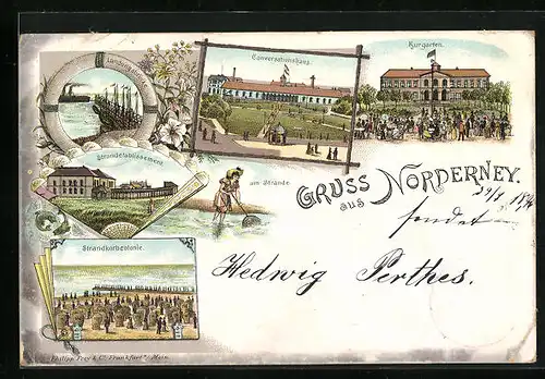 Lithographie Norderney, Strandrestaurant, Conversationshaus, Kurgarten