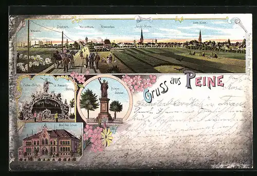 Lithographie Peine, Panorama mit Krankenhaus, Wasserturm und Walzwerk, Neue Realschule