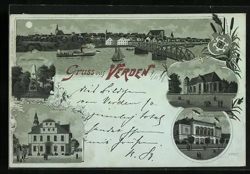 Mondschein-Lithographie Verden, Dom, Kgl. Landgericht, Rathaus