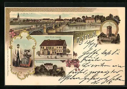 Lithographie Rinteln, Hotel Stadt Cassel, Arensburg, Panorama