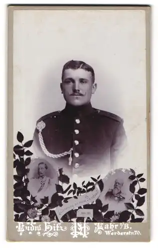 Fotografie Ludw. Hitz, Lahr i. B., Werderstr. 70, Soldat in Uniform Rgt. 169, Kaiser Wilhelm II. & Friedrich I. v. Baden