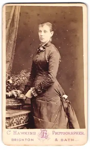 Fotografie C. Hawkins, Brighton, 32,33,38. Preston Street, Junge Frau in edlem Kleid mit Raffungen