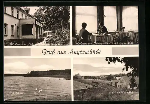 AK Angermünde, Aussenansicht und Veranda der HO-Gaststätte Gehegemühle, Wolletzsee