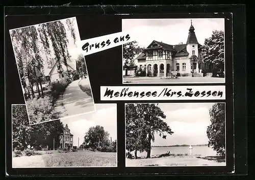AK Mellensee /Zossen, Ortspartie mit Kirche und Badesee