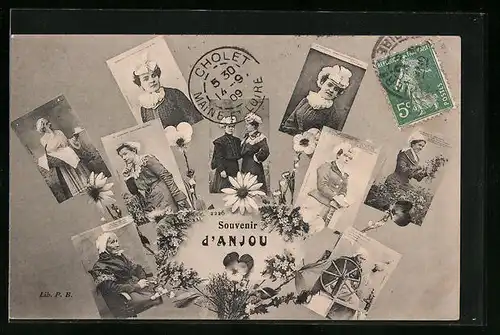 AK Anjou, Porträts mit Blumendekor