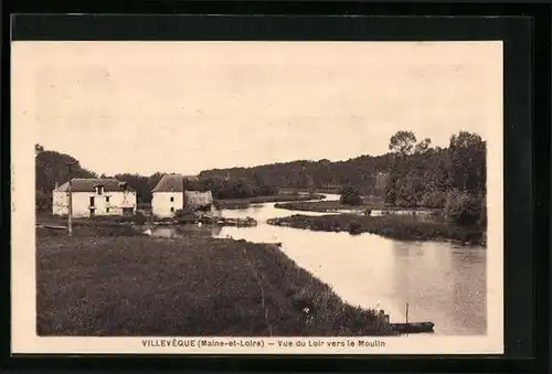 AK Villevêque, Vue du Loir vers le Moulin