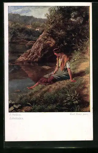 Künstler-AK Carl Zewy: Frau beobachtet Liebellen am Ufer