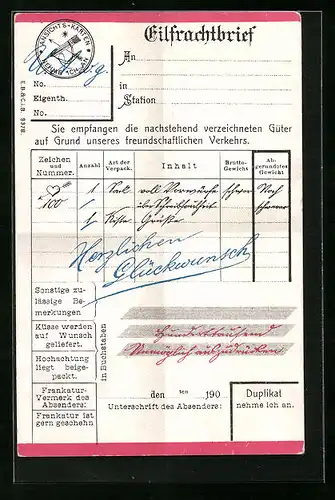 AK Eilfrachtbrief mit Tabelle, Schreibfaul