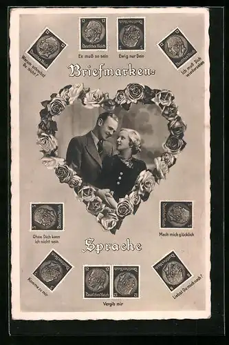 AK Briefmarkensprache mit Liebespaar und deutschen Briefmarken