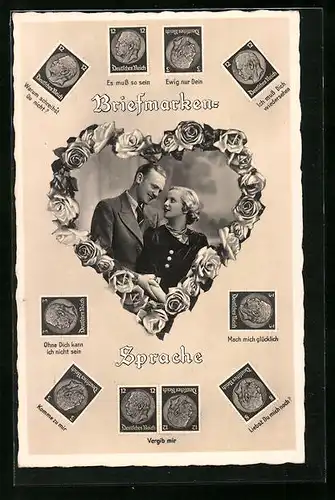 AK Briefmarkensprache mit Liebespaar und deutschen Briefmarken