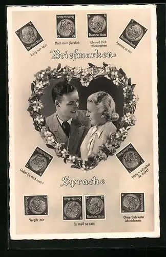 AK Briefmarkensprache mit Liebespaar und deutschen Briefmarken