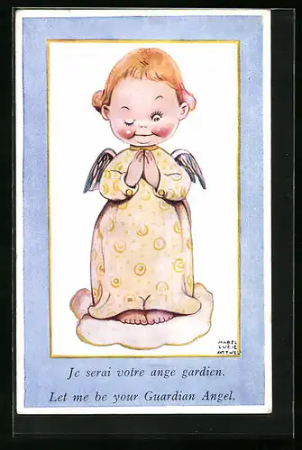 Künstler-AK Mabel Lucie Attwell: Zwinkernder Engel beim Gebet