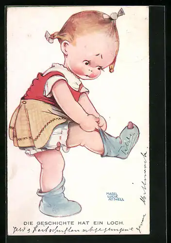 Künstler-AK Mabel Lucie Attwell: Mädchen hat ein Loch im Strumpf
